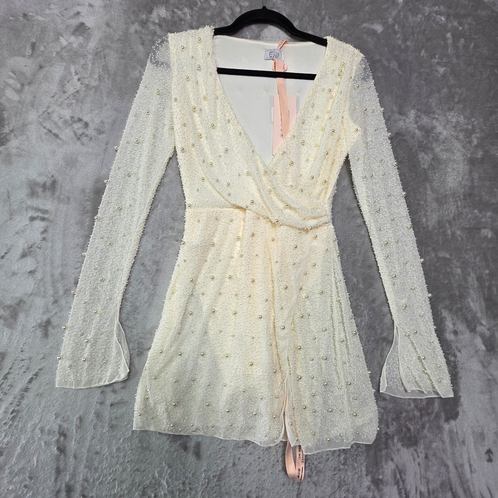 Oh Polly Ivory Pearl Beaded Mesh Mini Dress Long Sleeve Wrap V-Neck 6127 US 4